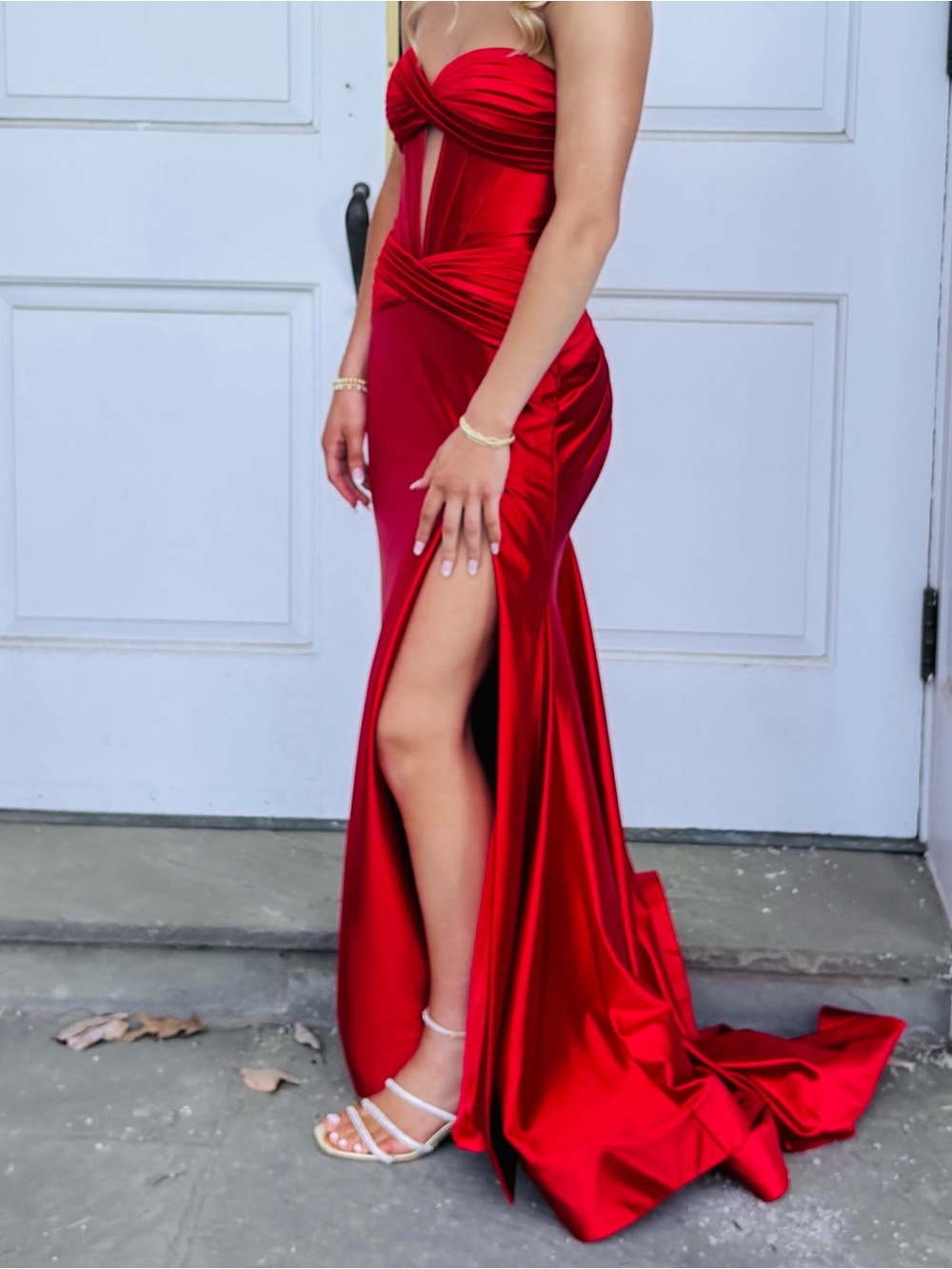 Sherri Hill Red Strapless Satin Prom Gown with High Slit Size 4 - 56161